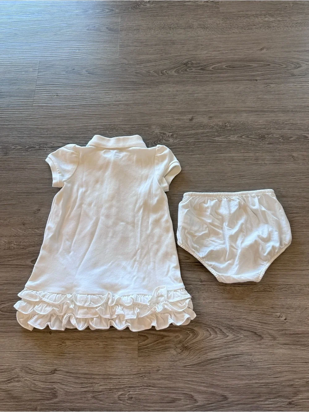 Ralph Lauren White Polo Dress with Ruffle Hem and Pastel Logos - EUC - 18 Months